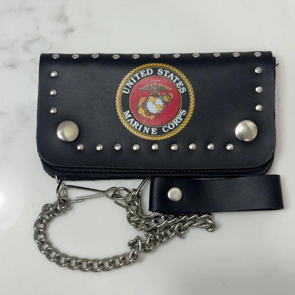 USMC Chain‎ Wallet Black Leather Studded Biker Marine Corps Trifold